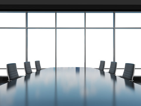 Panoramic conference room in modern office, copy space view from the windows. Black leather chairs and a black table. 3D rendering.