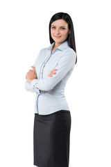 Side view of a thoughtful woman with crossed hands. Isolated.