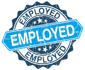 employed blue round grunge stamp on white