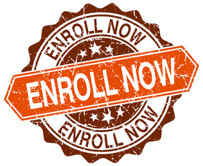 enroll now orange round grunge stamp on white