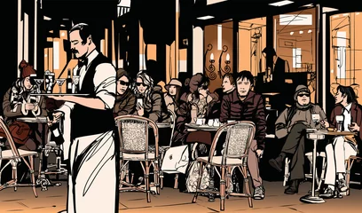 Rolgordijnen Ober bedient klanten in traditioneel Parijse openluchtcafé © Isaxar