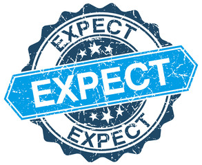 expect blue round grunge stamp on white
