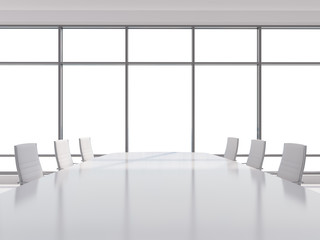 Panoramic conference room in modern office, copy space view from the windows. white leather chairs and a white table. 3D rendering.