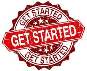 get started red round grunge stamp on white