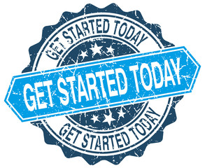 get started today blue round grunge stamp on white