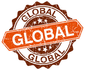 global orange round grunge stamp on white