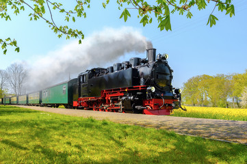 Povijesni njemački parni vlak prolazi poljima u sprinu