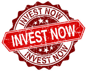 invest now red round grunge stamp on white