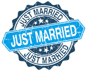 just married blue round grunge stamp on white