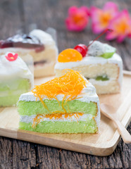 Pandan cake and egg threads on top