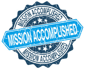 mission accomplished blue round grunge stamp on white