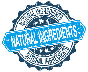 natural ingredients blue round grunge stamp on white
