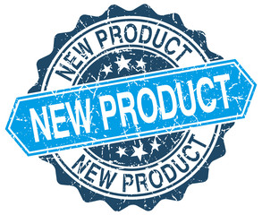 new product blue round grunge stamp on white