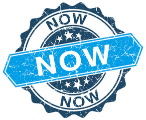 now blue round grunge stamp on white