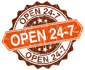 open 24 7 orange round grunge stamp on white