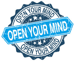 open your mind blue round grunge stamp on white