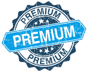 premium blue round grunge stamp on white