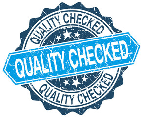quality checked blue round grunge stamp on white