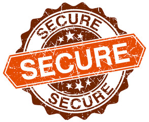 secure orange round grunge stamp on white