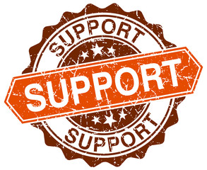 support orange round grunge stamp on white