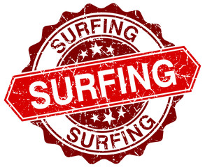 surfing red round grunge stamp on white