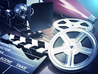 Fototapeta premium Video, movie, cinema vintage concept. Retro camera, reels and cl
