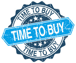 time to buy blue round grunge stamp on white