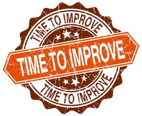 time to improve orange round grunge stamp on white