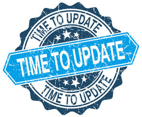 time to update blue round grunge stamp on white