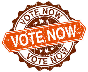 vote now orange round grunge stamp on white