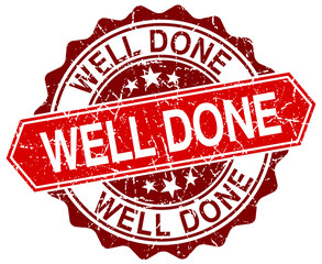 well done red round grunge stamp on white