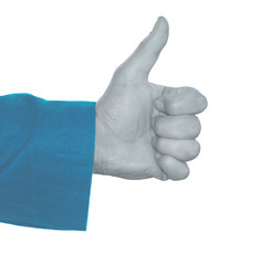 Human hand makes thumbs up in blue effect