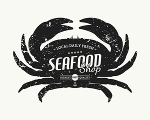 Retro styled crab silhouette seafood shop label template