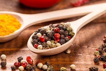 Various spices for cooking oh the wood table