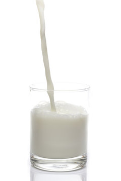 Pouring Milk into Glass on White background