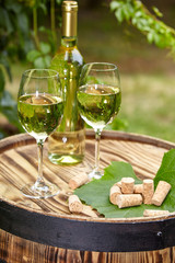 The glass of wine an and old barrel and grape