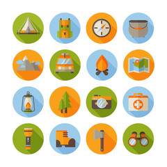 A set of hiking flat icons in modern style