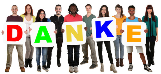Gruppe junge Leute People multikulturell halten Wort Danke