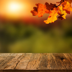 Naklejka na ściany i meble Wooden table with autumn background