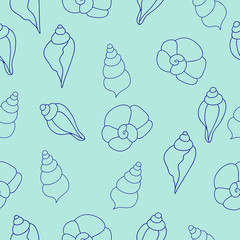 Fototapeta premium Blue sea shells vector seamless pattern