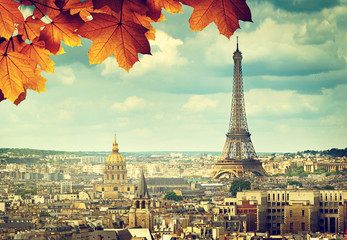 autumn leaves in Paris and Eiffel tower