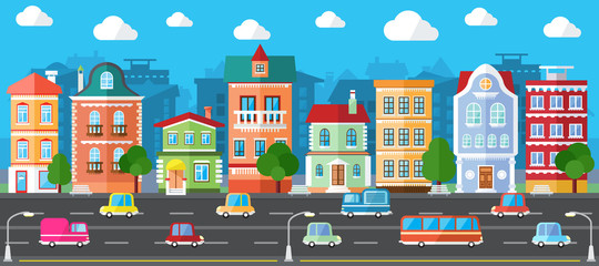 Vector City Street in a Flat Design and Set of Urban Buildings