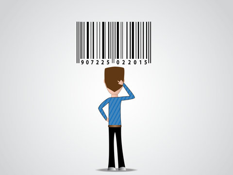 Cartoon guy character silhouette looking at barcode