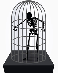skeleton silhouette in standing in cage