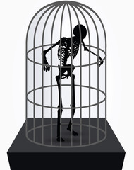 skeleton silhouette in standing in cage