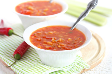 Homemade minestrone with zucchini, asparagus, peppers, celery