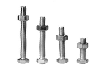 The different length bolts with nuts on white