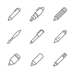 Writing tools. Pencil, pen, fountain pen, brush, marker, crayon, ballpoint thin line vector icons.