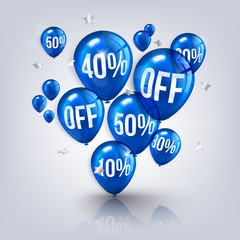 Orange flying party balloons with text SALE and discount.