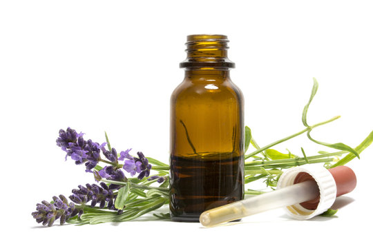 lavender oil, flowering branches and a bottle with dropper isola